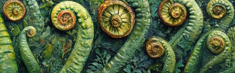 Poster - Ferns unfurling in vibrant spring green exhibit intricate natural patterns and textures