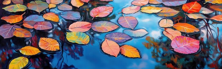 Poster - Colorful leaves drifting gently on a serene pond reflecting autumn hues in tranquil waters