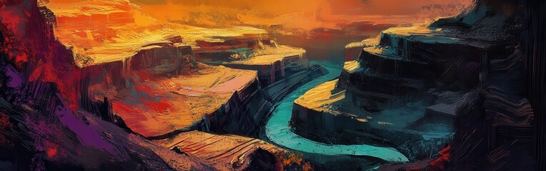Poster - Colorado River flows through the vibrant landscapes of Grand Canyon during sunset
