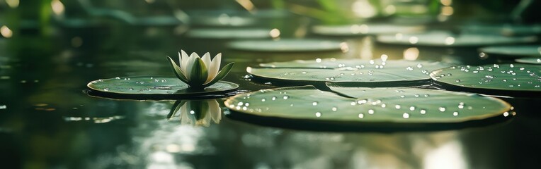 Poster - Close-up view of water droplets on a lily pad showcasing nature's beauty in a tranquil garden setting