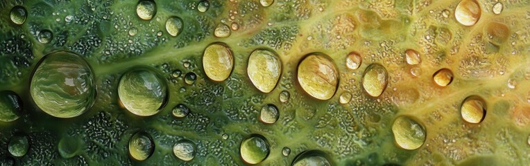 Poster - Close-up captures of water droplets on a vibrant green leaf displaying intricate details and textures in the morning light