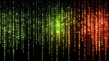 Poster - A visual representation of binary code cascading in green, yellow, and red hues.