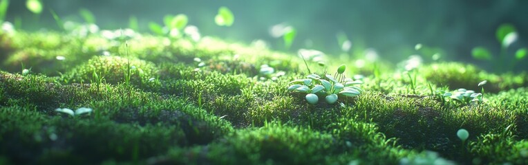 Poster - Close-up view of vibrant spring moss with tiny buds growing in a lush forest setting during early morning light
