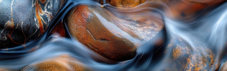 Poster - Close-up view of smooth river stones with gentle water flow during daylight