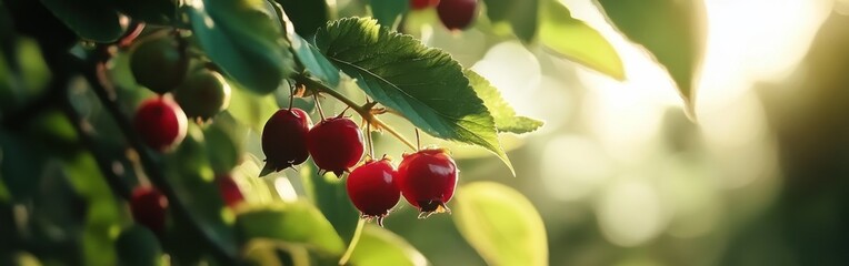 Poster - Close-up of ripe summer berries on green leaves in warm sunlight highlighting nature's vibrant produce