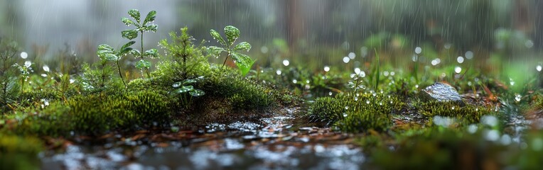 Poster - Close-up of rain-soaked forest floor moss with droplets glistening in a tranquil woodland setting
