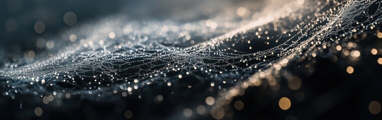Poster - Intricate spiderweb adorned with dewdrops glistening in soft morning light