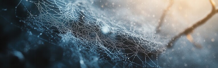 Poster - Intricate spiderweb glistening with morning dew in a tranquil forest setting during sunrise