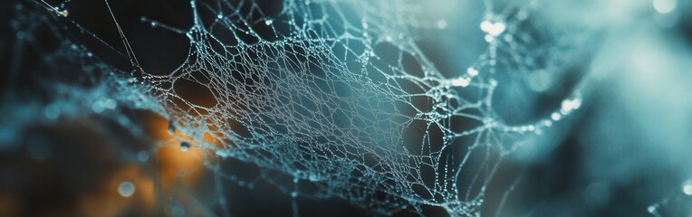 Poster - Close-up view of an intricate spiderweb glistening with dew in a natural setting at dawn