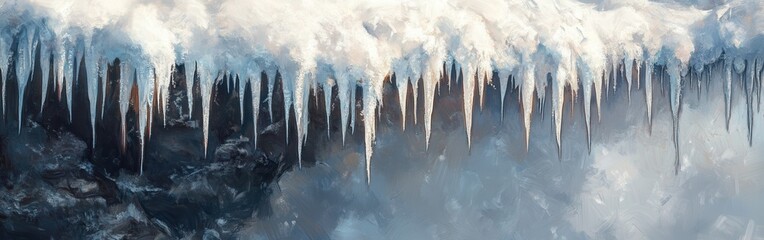 Aufkleber - Icicles hang from a roof edge during a cold winter day in a snowy landscape