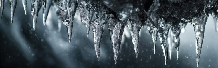 Fototapete - Close-up view of glistening icicles hanging from a winter roof in a frozen wonderland during frosty weather