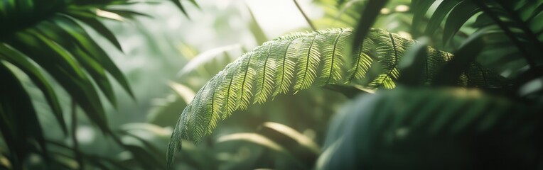 Poster - Close-up view of fresh fern leaves displaying intricate veins in a natural setting during golden hour