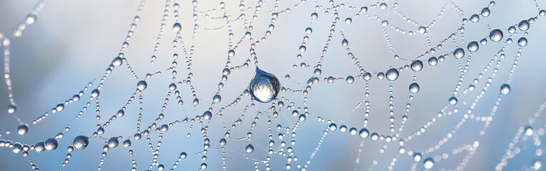 Poster - Close-up of dew drops glistening on a spider web in early morning light