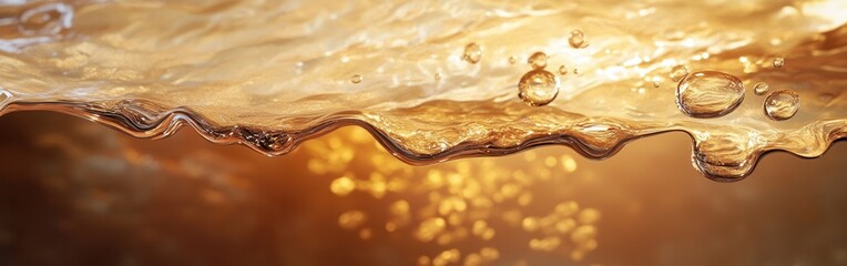 Poster - Close-up view of dripping water capturing tiny bubbles against a warm golden background in nature