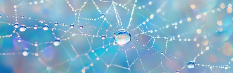 Poster - Close-up view of dew drops glistening on an intricate spider web in the early morning light