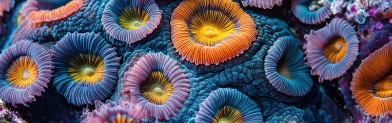 Aufkleber - Coral polyps in vibrant hues thriving on the reef, showcasing intricate details and structure during daylight hours