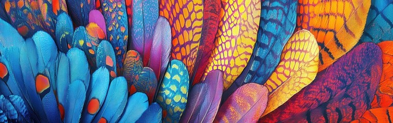 Poster - Vibrant close-up of colorful feathers showcasing nature's artistry in a spectacular array of hues and patterns