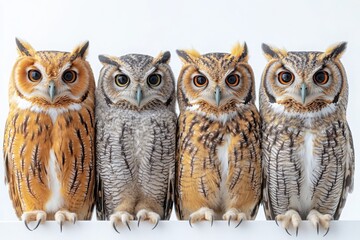  Four long-eared owls sitting in a symmetrical arrangement on a white background, showcasing their distinct plumage patterns and piercing eyes, perfect for wildlife photography and educational material