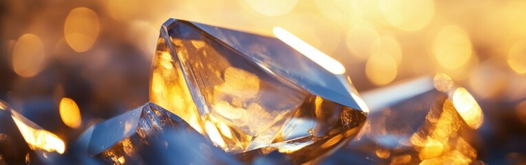 Poster - Close-up view of a sparkling crystal reflecting light in a warm, golden ambiance