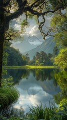 Poster - Stunning view of Lake Matheson in New Zealand framed by lush greenery and majestic mountains