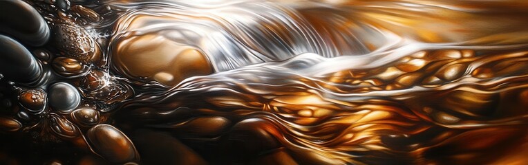 Poster - Unique abstract view of water gracefully flowing over smooth pebbles in a serene environment