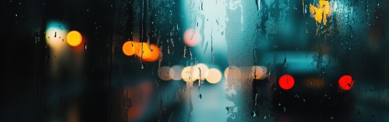 Poster - Rain-soaked window creates abstract reflections of blurred city lights during a rainy evening