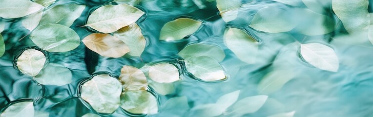 Poster - Reflecting leaves create a serene abstract composition in tranquil water under soft natural light
