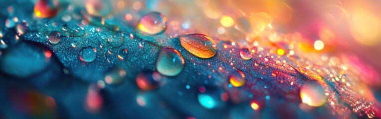 Poster - Close-up of colorful morning dew drops resting on a vibrant green leaf in early sunlight