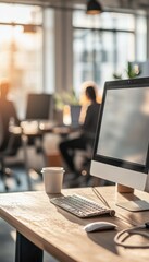 Poster - Sleek modern workspace featuring an all-in-one computer with keyboard and mouse in a sunlit office environment