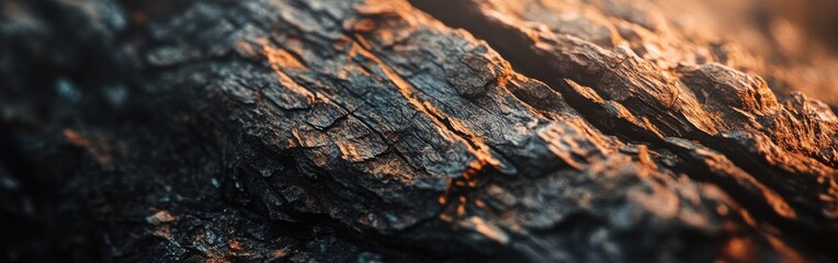 Poster - Detailed macrophotograph showcases rough tree bark textures illuminated by soft light