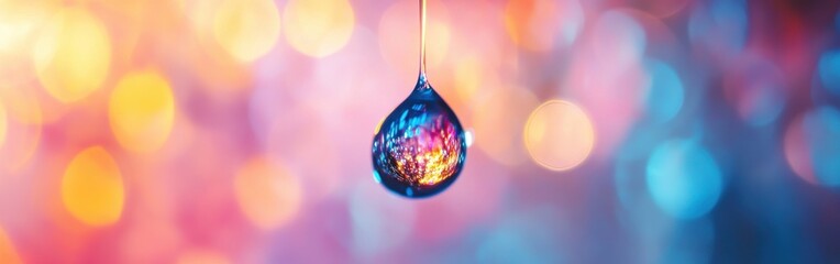 Poster - Close-up view of a single droplet suspended in vibrant colors and light during a serene moment in nature