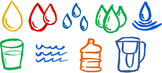 Wall Mural - Water Hydration Related Icons Crayon Chalk Drawing Vector Set