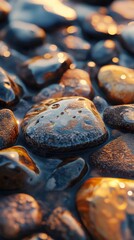 Poster - Close-up view of glistening wet river stones reflecting sunlight by the water's edge