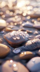 Poster - Captivating view of wet river stones glistening with droplets under soft sunlight