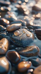 Poster - Close-up view of glistening wet river stones with water droplets in warm sunlight