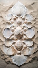 Poster - Geometric arrangement of seashells on sand creating a natural art display in a beach setting