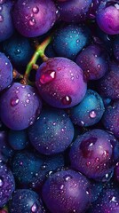 Poster - Close-up view of fresh grape clusters with dew drops highlighting natural beauty in morning light