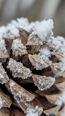 Leinwandbilder - Macro shot of a snow-covered pinecone showcasing winter's delicate beauty in a serene forest setting