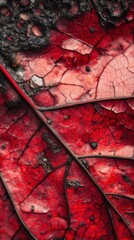 Poster - Intricate details of a red autumn leaf showcasing vibrant colors and textures