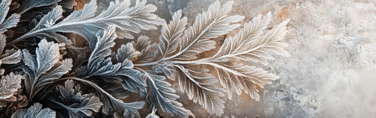 Aufkleber - Frost-covered leaves create intricate patterns during a chilly winter morning in a forest setting