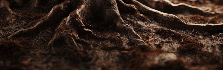 Poster - Intricate tree roots intertwine amidst rough soil in vibrant natural setting during golden hour