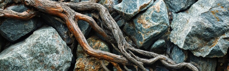 Aufkleber - Tree roots intertwining with rocks in a natural landscape during daytime
