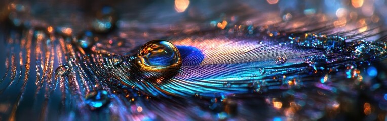 Poster - Macro view of a peacock feather displaying iridescent colors and water droplets at dawn