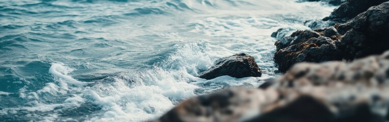Poster - Waves crashing against rocky shoreline during sunset near coastal area