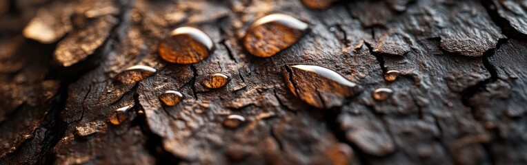 Poster - Close-up view of pine tree bark featuring water droplets reflecting light