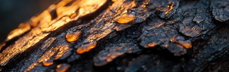 Poster - Detailed close-up of textured pine tree bark illuminated by warm light at dusk in a forest setting