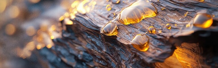 Poster - Close-up details of pine tree bark showcasing texture and resin droplets in natural light