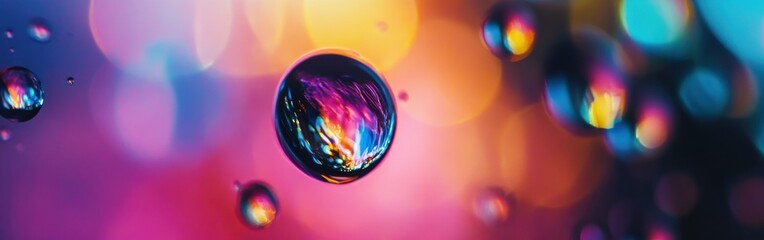 Poster - Close-up of a vibrant water droplet reflecting colorful lights against a blurred background in a creative setting