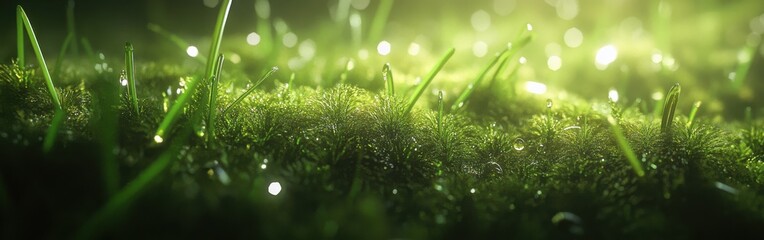 Poster - Close-up of vibrant green moss illuminated by soft natural light in a serene outdoor environment