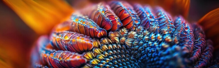 Poster - Close-up view of a sunflower head revealing its intricate patterns and vibrant colors in full bloom during midday